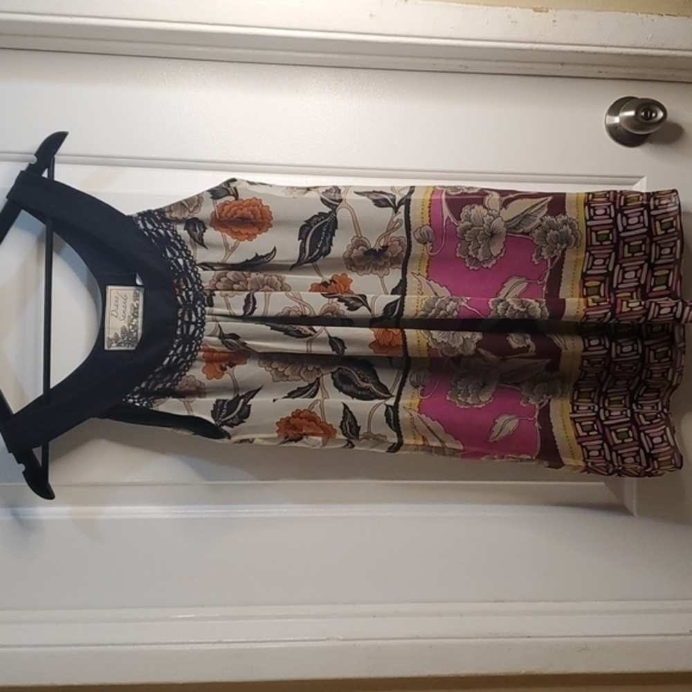 Diane Samandi Silk Vintage Print Mini‎ Dress Crochet Detail Medium